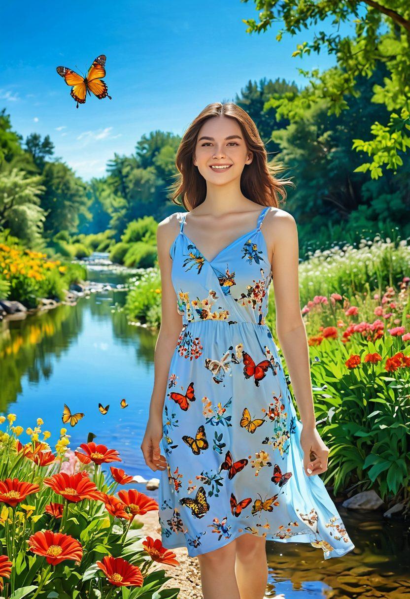 A serene landscape depicting a bright sunny day with a perfect 26C temperature. Include a joyful person surrounded by blooming flowers and lush greenery, basking under a clear blue sky. The scene should invoke feelings of happiness and tranquility, featuring a gentle breeze, colorful butterflies, and a sparkling stream nearby. Capture the essence of nature’s beauty that enhances joyful moments. vibrant colors. super-realistic.