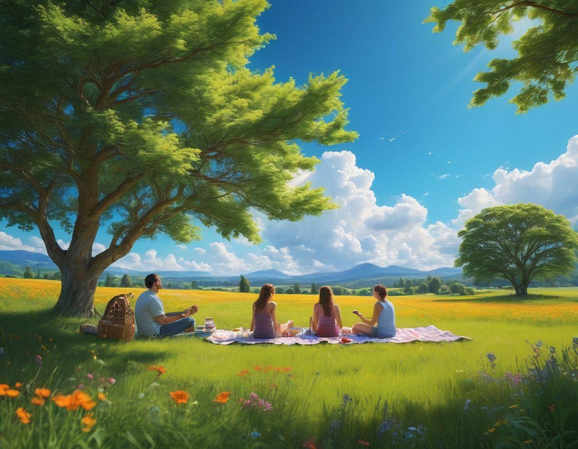 A vibrant, sunlit landscape featuring people enjoying outdoor activities under a clear blue sky with fluffy white clouds at a comfortable 26C. Show a diverse group of friends having a picnic on a lush green field, with colorful flowers blooming around them. Capture joyful expressions, laughter, and a sense of community, emphasizing the uplifting atmosphere of the perfect weather. super-realistic. vibrant colors.