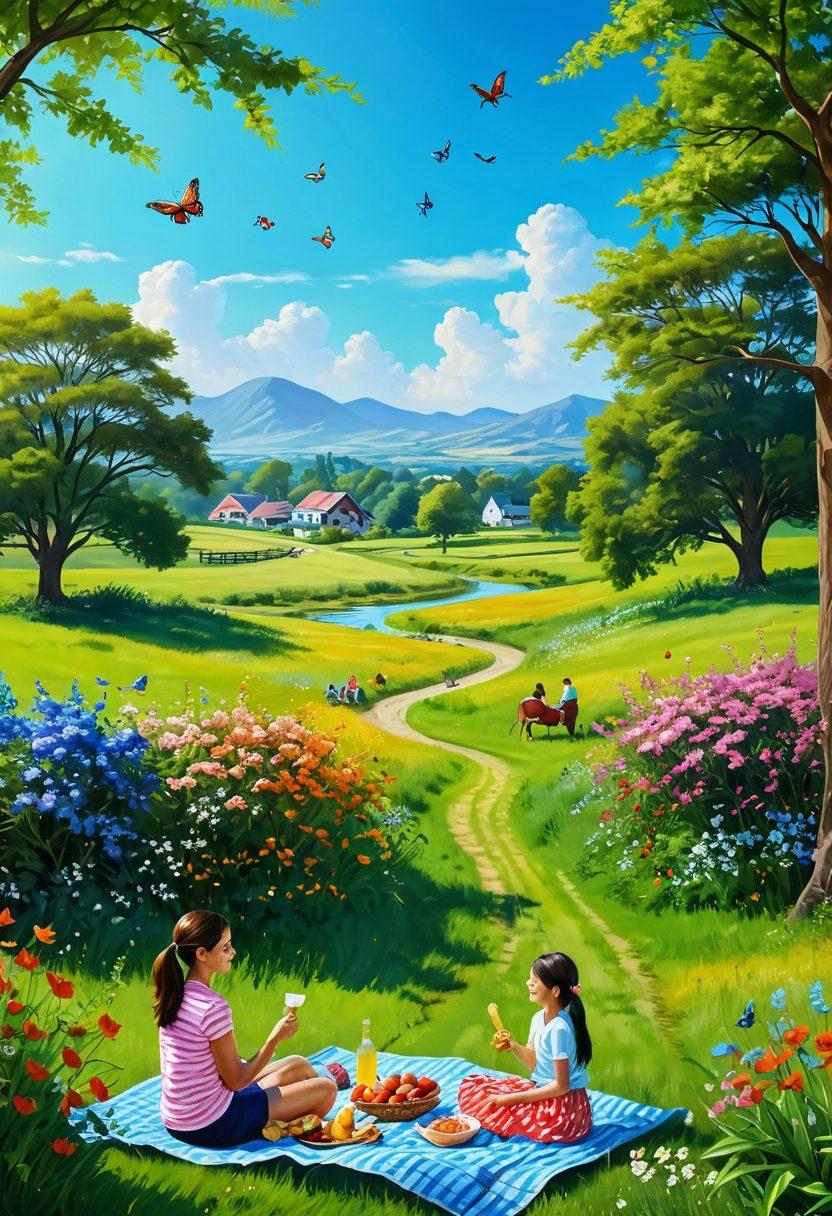 A serene landscape depicting a vibrant 26C sunny day, featuring lush green fields and blooming flowers under a clear blue sky. In the foreground, joyful people of diverse backgrounds are engaging in various outdoor activities like picnicking and playing, radiating happiness and positivity. Add subtle elements like butterflies and birds soaring, symbolizing freedom and joy. The overall atmosphere should feel inviting and warm, encouraging a sense of tranquility and well-being. super-realistic. vibrant colors.
